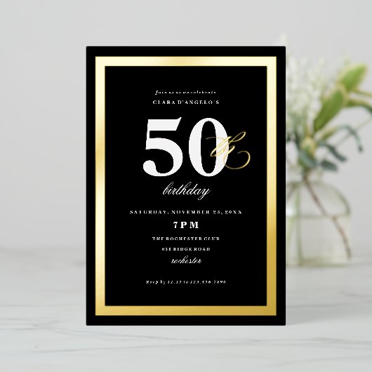 Elegant Black 50th Birthday Party Gold Folie Uitnodiging (Staand Voorkant)