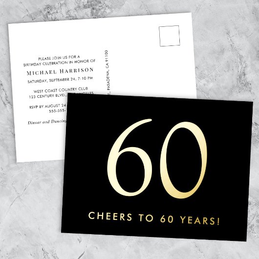 Elegant Black 60th Birthday Party Gold Folie Uitnodiging Briefkaart