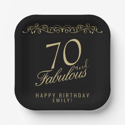 Elegant Black 70 en Fabulous 70th Birthday Papieren Bordje (Voorkant)