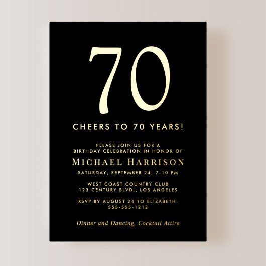 Elegant Black 70th Birthday Party Gold Folie Uitnodiging