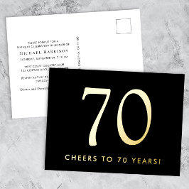 Elegant Black 70th Birthday Party Gold Folie Uitnodiging Briefkaart