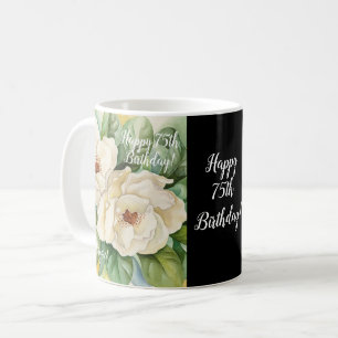 Elegant Black 75th Birthday Magnolia Floral Name Koffiemok