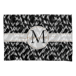 Elegant Black Abstract Floral Gold Monogramed Kussensloop