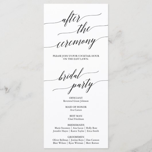 Elegant Black After Ceremonony Wedding Program Programmakaart (Achterkant)