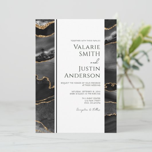 Elegant Black Agate Budget Weddenschap All-in-One Kaart (Staand voorkant)