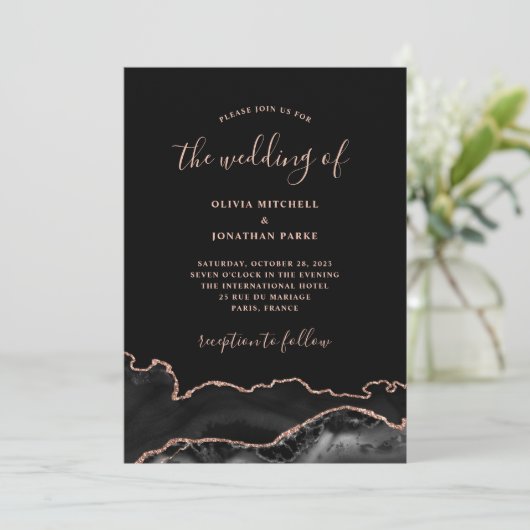 Elegant Black Agate en Roos Gold | Donkere bruilof Kaart (Staand voorkant)