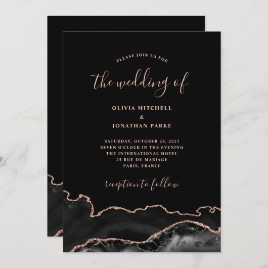 Elegant Black Agate en Roos Gold | Donkere bruilof Kaart (Voorkant / Achterkant)