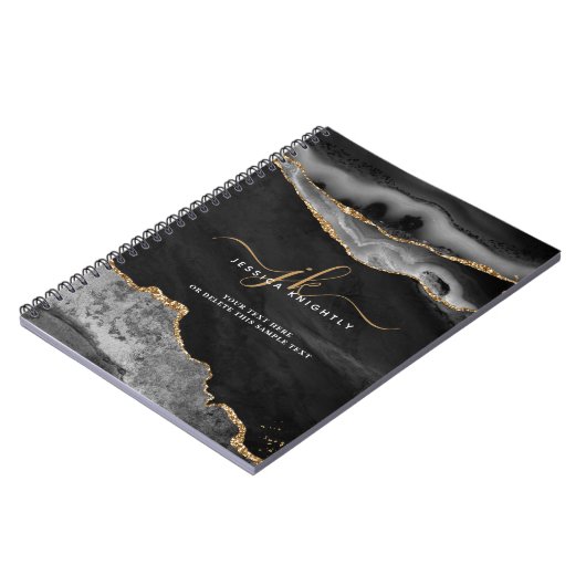 Elegant Black Agate Gold Glitter Script Monogram Notitieboek (Linkerzijde)