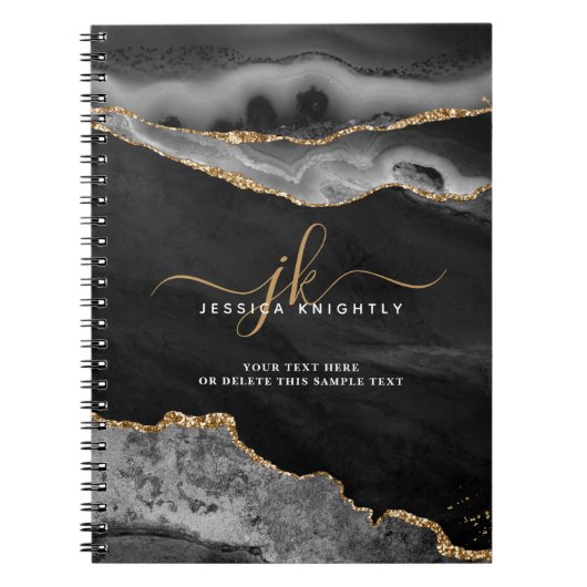 Elegant Black Agate Gold Glitter Script Monogram Notitieboek (Voorkant)