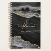 Elegant Black Agate Gold Glitter Script Monogram Planner (Voorkant)