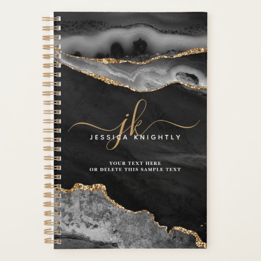 Elegant Black Agate Gold Glitter Script Monogram Planner (Voorkant)