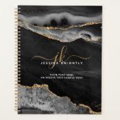 Elegant Black Agate Gold Glitter Script Monogram Planner (Voorkant)