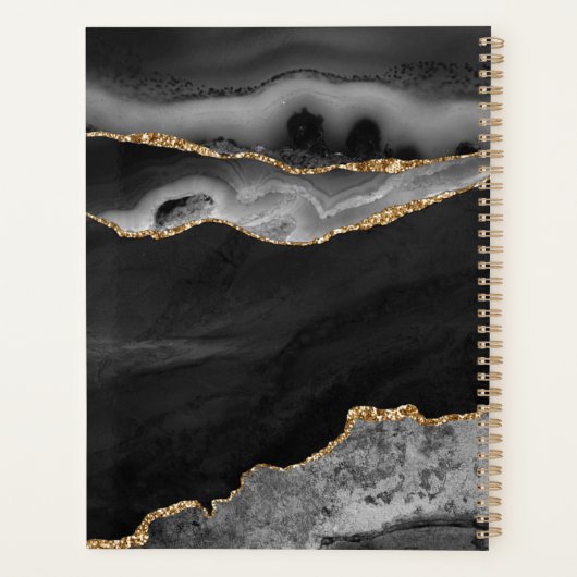 Elegant Black Agate Gold Glitter Script Monogram Planner (Achterkant)