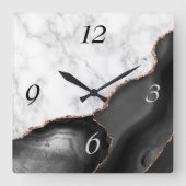 Elegant Black Agate Roos Gold Glitter Marble Vierkante Klok (Voorkant)