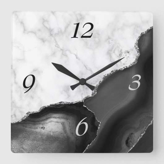 Elegant Black Agate Silver Glitter Marble Vierkante Klok (Voorkant)