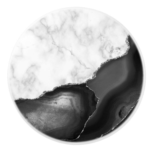 Elegant Black Agate Silver Glitter White Marble Keramische Knop (Voorkant)
