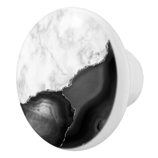 Elegant Black Agate Silver Glitter White Marble Keramische Knop (Rechts)