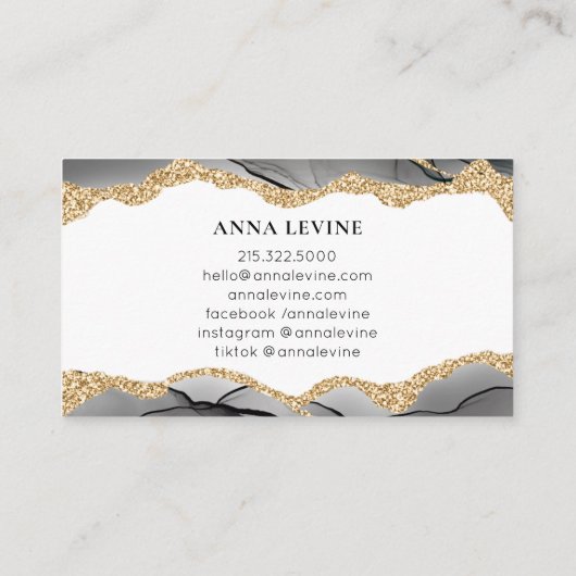 Elegant Black Agate Slice en Gold Glitter Visitekaartje (Achterkant)