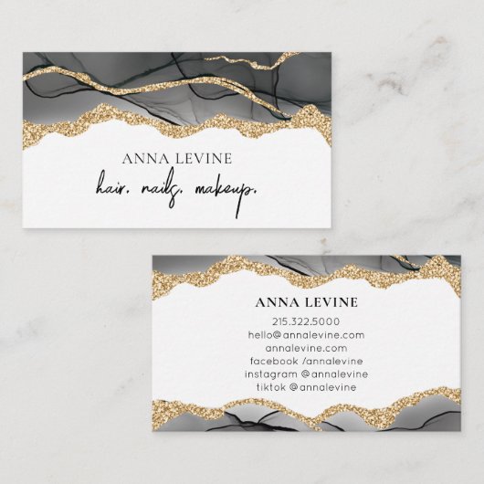 Elegant Black Agate Slice en Gold Glitter Visitekaartje (Voorkant / Achterkant)