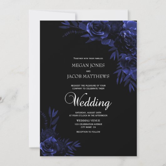 Elegant Black and Blue Floral Wedding Kaart (Voorkant)