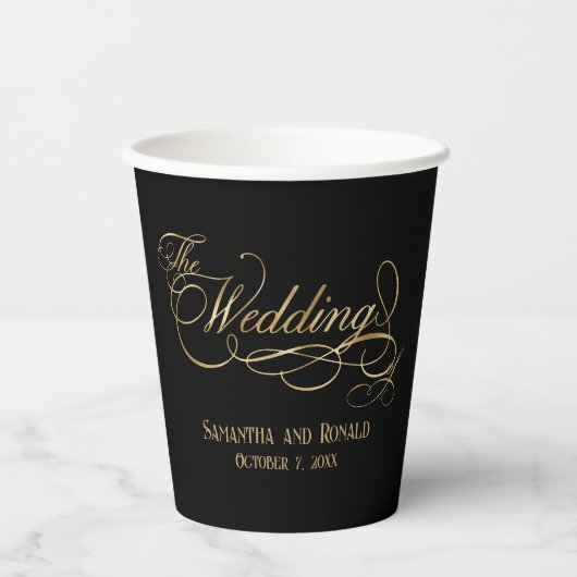 Elegant Black and Faux Gold Calligraphy Wedding Papieren Bekers (Voorkant)