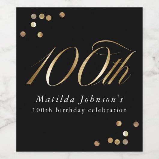 Elegant Black and Gold 100th Birthday Party Wijn Etiket (Enkel label)
