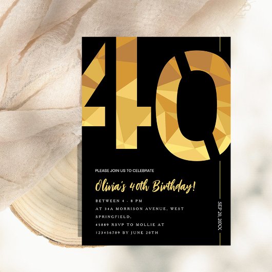 Elegant black and gold 40th Birthday Party Kaart