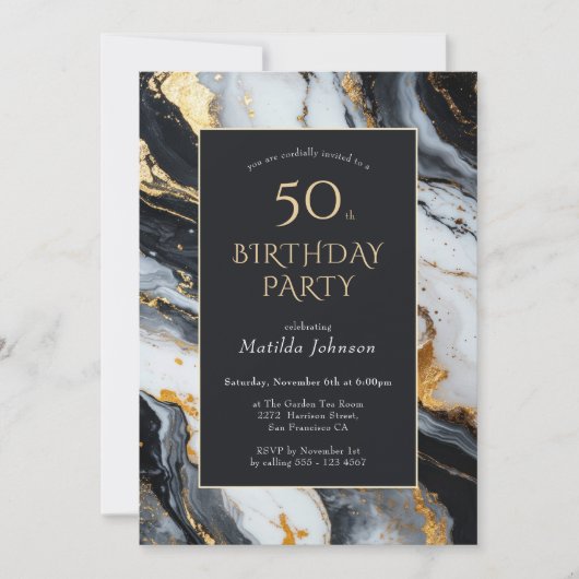 Elegant Black and Gold 50th Birthday Invitation Kaart (Voorkant)
