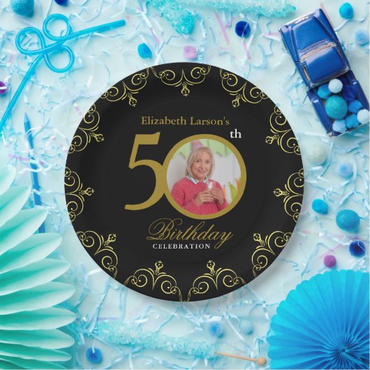 Elegant Black and Gold 50th Birthday Invitation Papieren Bordje (Feest)