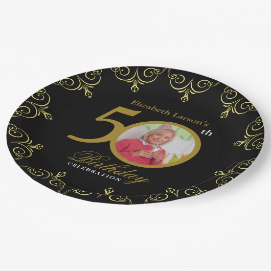 Elegant Black and Gold 50th Birthday Invitation Papieren Bordje (Gekanteld)