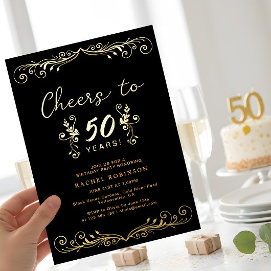 Elegant Black and Gold 50TH Birthday Party Folie Uitnodiging