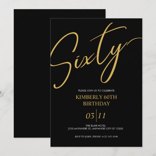 Elegant Black and Gold 60th Birthday Party Kaart (Voorkant / Achterkant)