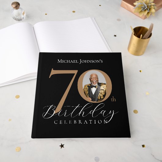 Elegant Black and Gold 70th Birthday Gastenboek (Voorkant open)