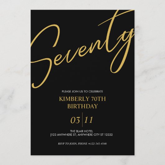 Elegant Black and Gold 70th Birthday Party Kaart (Voorkant)