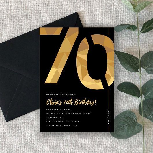 Elegant black and gold 70th Birthday Party Kaart