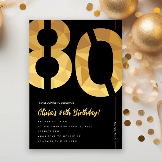 Elegant black and gold 80th Birthday Party Kaart