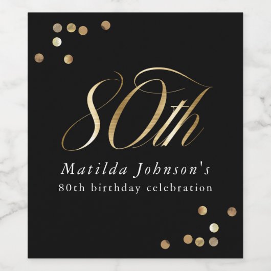 Elegant Black and Gold 80th Birthday Party Wijn Etiket (Enkel label)