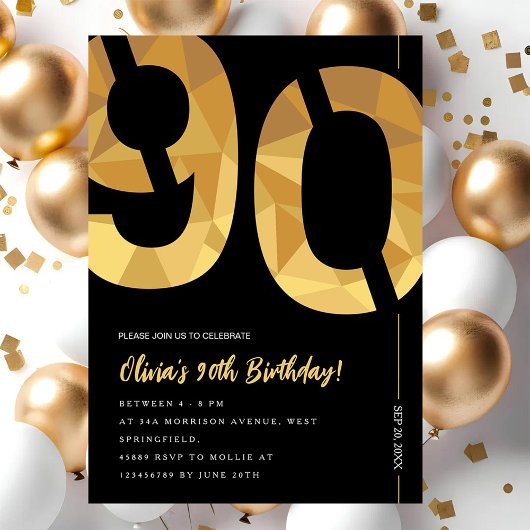 Elegant black and gold 90th Birthday Party Kaart