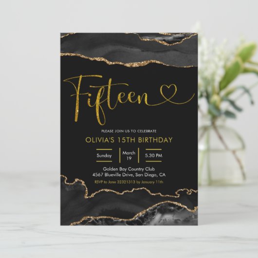 Elegant Black and Gold Agate 15-jarige verjaardag Kaart (Staand voorkant)