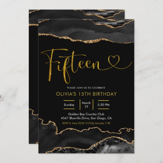 Elegant Black and Gold Agate 15-jarige verjaardag Kaart (Voorkant / Achterkant)