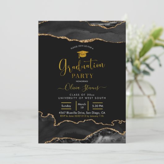 Elegant Black and Gold Agate Graduparty Kaart (Staand voorkant)