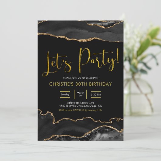 Elegant Black and Gold Agate Let's Party Kaart (Staand voorkant)