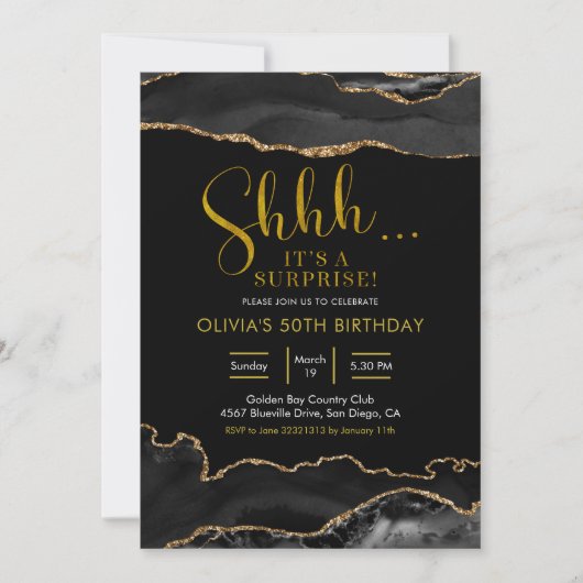 Elegant Black and Gold Agate Surprise Birthday Kaart (Voorkant)