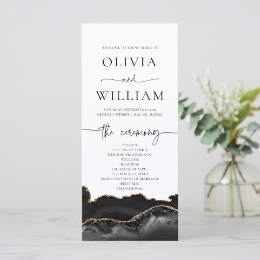 Elegant Black and Gold Agate Wedding Program Menu (Staand voorkant)