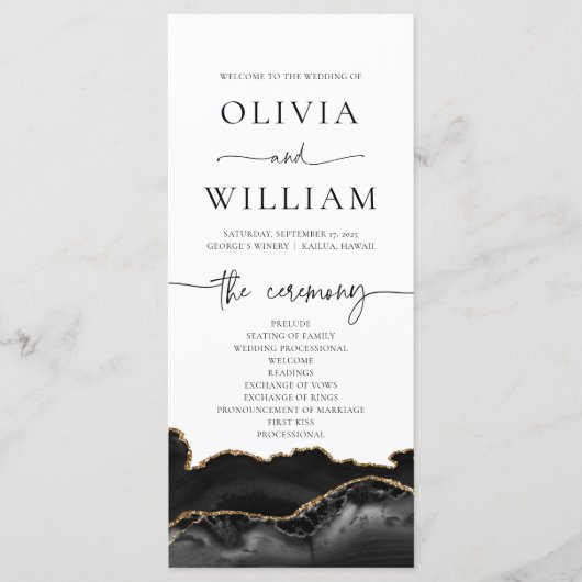 Elegant Black and Gold Agate Wedding Program Menu (Voorkant)
