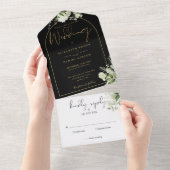 Elegant Black and Gold Arch Greenery Wedding All In One Uitnodiging (Afscheurbaar)