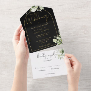 Elegant Black and Gold Arch Greenery Wedding All In One Uitnodiging