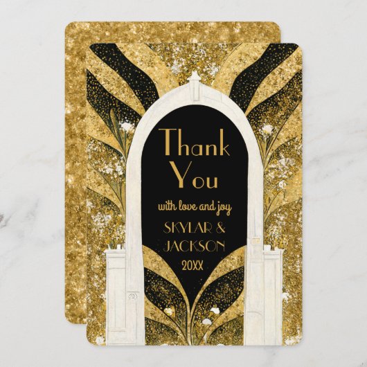 Elegant Black and Gold Art Deco Archway Wedding Bedankkaart (Voorkant / Achterkant)