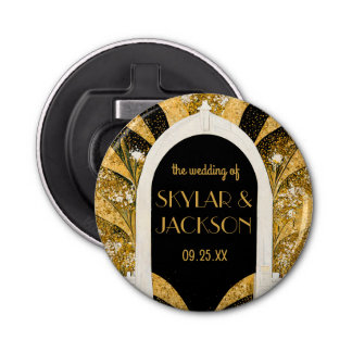 Elegant Black and Gold Art Deco Archway Wedding Button Flesopener