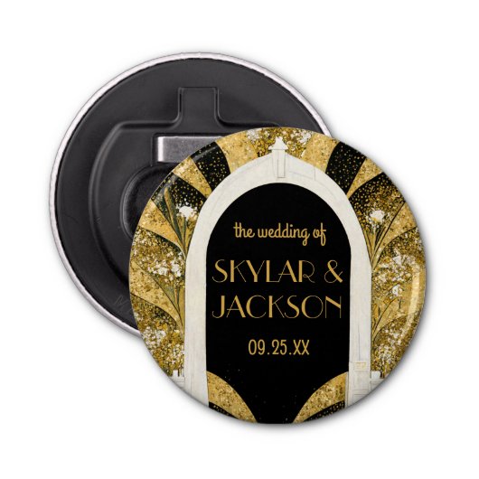 Elegant Black and Gold Art Deco Archway Wedding Button Flesopener (Voorkant)